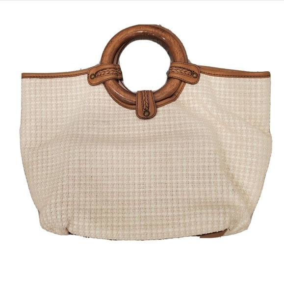FOSSIL Ivory Woven Tweed Wood Handle Bag - Picture 1 of 6